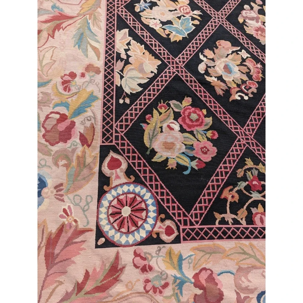 Antique  Aubusson Style Needlepoint Floral  Rug Carpet 13.6 X 9.9 Feet. Estate